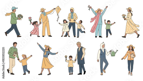 Joyful families and individuals celebrating springtime activities with flowers, kites, and gardening, embodying happiness and connection in a vibrant, stylized collection.