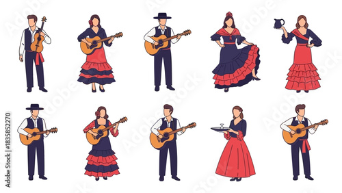 Vibrant flamenco dancers and musicians celebrate Spanish culture with energetic guitar melodies and festive attire, capturing lively traditions