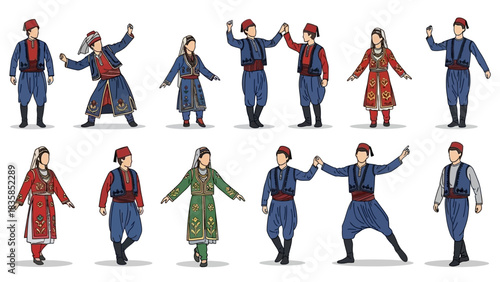 Vibrant collection of diverse people in traditional Turkish cultural attire, showcasing folk costumes and joyful dance movements