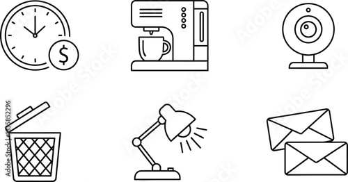 Six essential office and business vector line icons collection isolated on white background