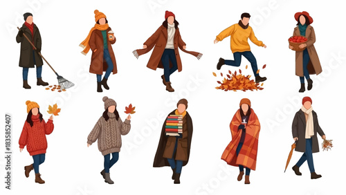 Vibrant collection of diverse people enjoying cozy autumn activities, celebrating seasonal change and outdoor fun with warm attire.