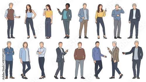 Diverse professionals in modern business attire engage in dynamic poses, ready to represent your brand's forward thinking and collaborative spirit.