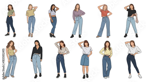 Diverse women showcase stylish casual outfits in modern fashion poses, perfect for lifestyle and trend content