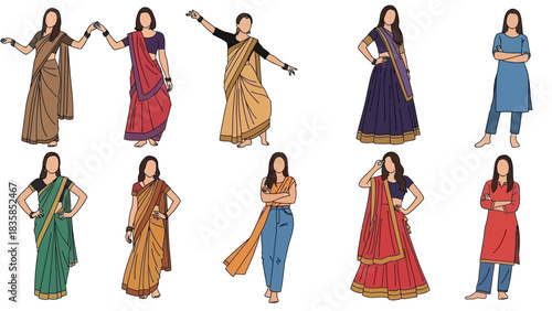 Diverse women showcase traditional Indian attire including elegant sarees and modern kurta sets in a vibrant artistic collection