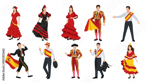 Vibrant Spanish dancers and bullfighters showcase traditional flamenco costumes and cultural pride in colorful illustrations
