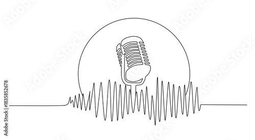 continuous single line drawing of handwritten word PODCAST and microphone and headphones  podcasting concept line art vector illustration