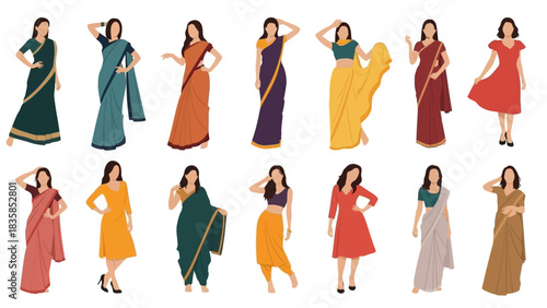 Diverse collection of stylish women showcasing vibrant traditional Indian attire and modern dresses, perfect for fashion and cultural presentations.