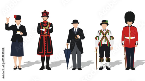 Iconic British characters including Beefeater, Royal Guard, and traditional figures presenting cultural heritage and history