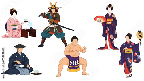 Captivating Japanese cultural icons depict samurai, geisha, sumo wrestler, and tea ceremony for vibrant historical storytelling and traditional design
