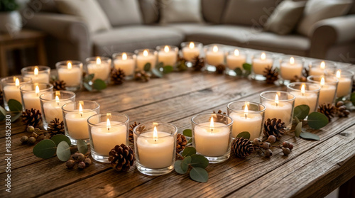 Candles arranged on a wooden table with pinecones and leaves in a living room setting during evening time