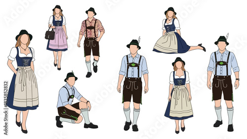 Diverse group of people in traditional Bavarian Oktoberfest attire ready for celebration and cultural events