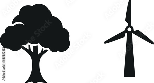 Tree and wind turbine environmental icon vector symbol representing nature and renewable energy isolated on white background