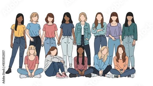 Diverse group of young women stand and sit together, celebrating unity and friendship in casual modern outfits