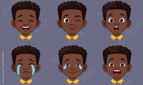 Cartoon boy character showing multiple facial expressions including happy, sad, crying, surprised, winking, emotional reactions for kids illustrations and emoji design