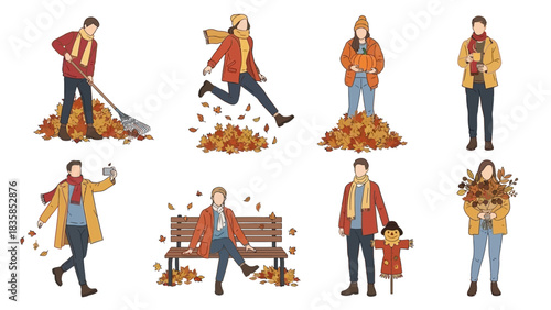 Vibrant collection of people enjoying cozy autumn activities amidst falling leaves and seasonal charm