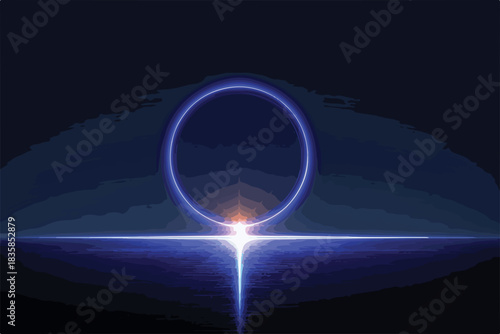 Abstract vector illustration featuring a glowing blue ring and vibrant light reflection on a dark, mysterious background, symbolizing future technology and digital energy.