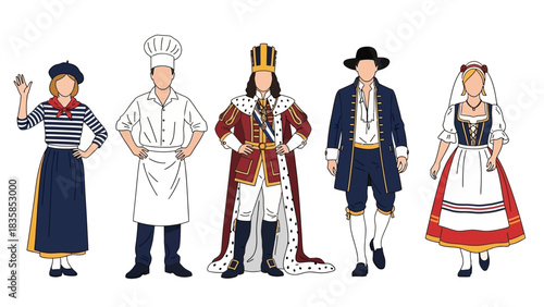 Diverse historical and cultural figures, a French woman, chef, king, sailor, and bride, showcasing global professions and traditions with vibrant detail