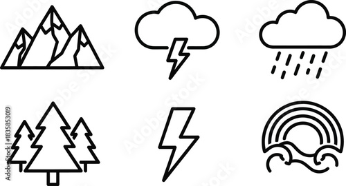 Weather and nature conditions vector icon set displaying mountains clouds rain lightning trees and a rainbow isolated on white background