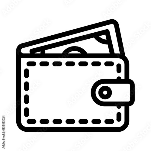 Simple line icon of an open wallet containing a paper banknote, symbolizing finance, personal savings, payment methods, and business transactions on an isolated background
