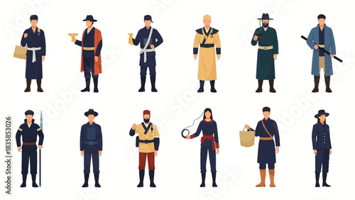 Diverse historical figures showcasing unique cultural attire and traditional props, ideal for educational or illustrative projects