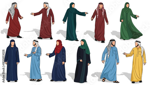 Diverse Middle Eastern men and women showcasing traditional Islamic clothing and cultural attire in various poses and vibrant colors