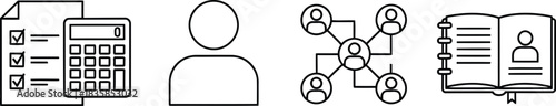 Business administration and human resources outline vector icon set with user profile isolated on white background
