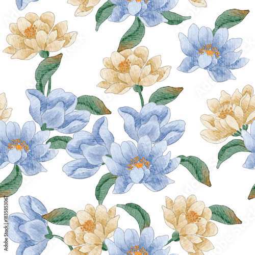 Yellow and Blue Aster Watercolor Seamless Pattern