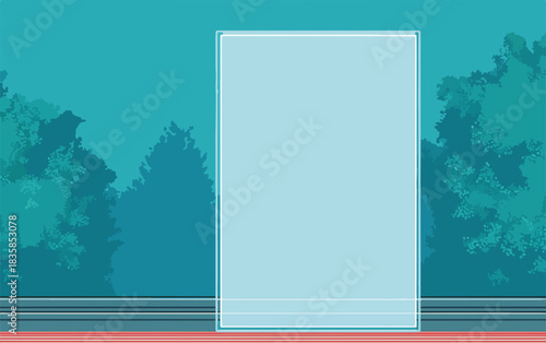 A minimalist vector illustration featuring a transparent rectangular frame for copy space, set against a teal background with abstract foliage shapes.