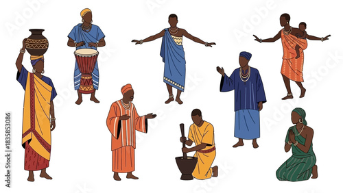Vibrant African cultural scenes depicting diverse people in traditional attire engaged in daily life activities and celebrations