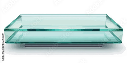 Elegant vector illustration of a transparent rectangular glass tray, showcasing its subtle green hue and reflective surface on a clean white background.