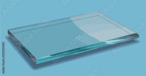 Isolated transparent clear glass or acrylic sheet with a subtle blue tint, casting a shadow on a light blue background, perfect for vector design.