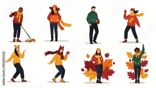 Vibrant collection of diverse people enjoying cozy autumn activities and celebrating the fall season with warm drinks and colorful leaves