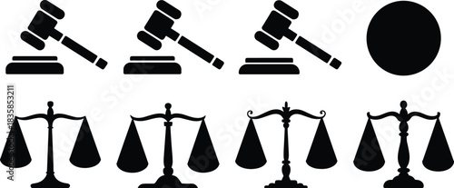 Legal icons set featuring judge gavels and justice scales in silhouette style, symbolizing law, court decisions, balance, fairness and legal judgment