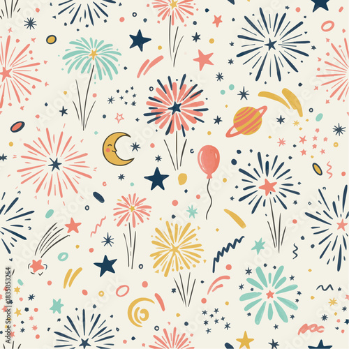 Multicolor fireworks with stars and planets on white, great for cosmic New Year themes, or illustrating playful, dreamy, and festive wallpaper.