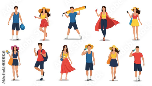 Excited people ready for vacation adventures, embracing summer travel with joyful anticipation and stylish outfits
