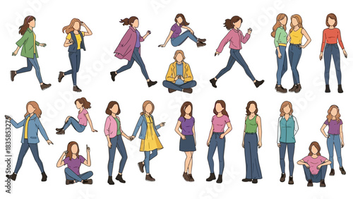 Diverse group of women in casual outfits demonstrating various active and relaxed poses, perfect for modern lifestyle projects