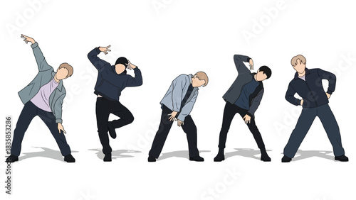 Dynamic group of five performers striking synchronized dance poses with energetic movement and modern style, perfect for lifestyle and entertainment concepts