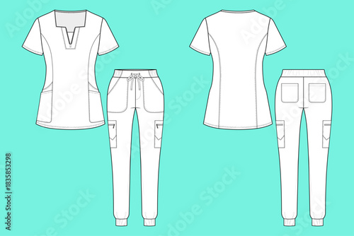 Ladies Modern V-Neck Scrub Set with Cargo Jogger Pants Fashion Technical Flat Sketch Template