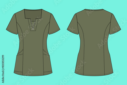 Women's Contoured Zip-Front Scrub Top with Modern Square Neck Fashion Technical Flat Sketch Design