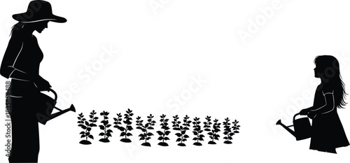 Silhouette of woman and child watering garden plants together, nurturing growth, family gardening activity, nature care and environmental illustration scene