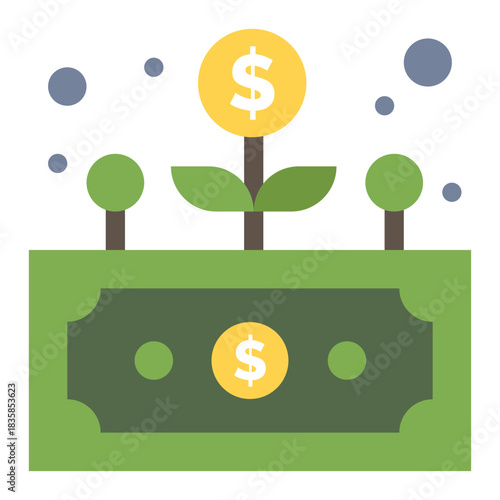Financial Growth: Illustrated growth concept showcasing a dollar sign sprouting from a dollar bill, with symbolic trees in the backdrop, embodying investment potential and financial expansion.