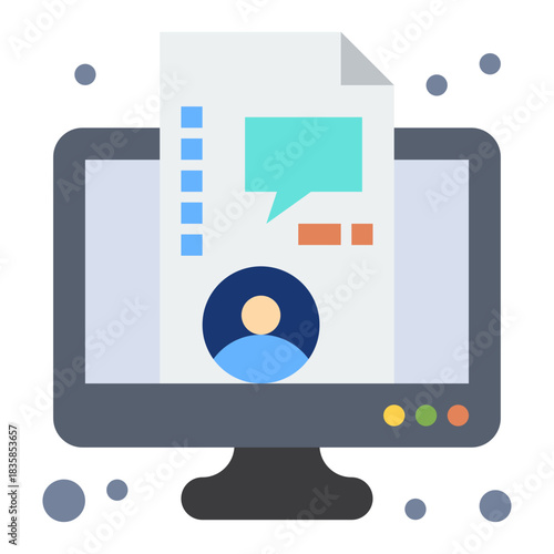Digital Resume: A simple, digital representation of a resume and conversation bubble over a computer monitor, this graphic may symbolize job application or personal information display.
