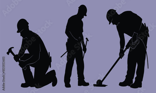 Silhouettes of construction workers using tools, hammering, working on site, performing manual labor tasks in safety gear for building and industrial illustration