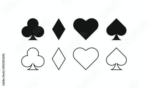 Diverse vector icon bundle: Includes elevator door, capacity, and direction symbols, plus all four playing card suits, clubs, hearts, diamonds, spades, in line and filled styles. Essential for UI, gam