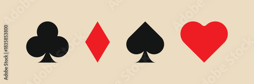 Four standard playing card suits: black club, red diamond, black spade, and red heart, isolated on a light background. Essential graphic design element for casino, poker, or game themes