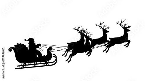 Silhouette of Santa Claus in a Sleigh Pulled by Reindeer, Christmas Holiday Scene Vector