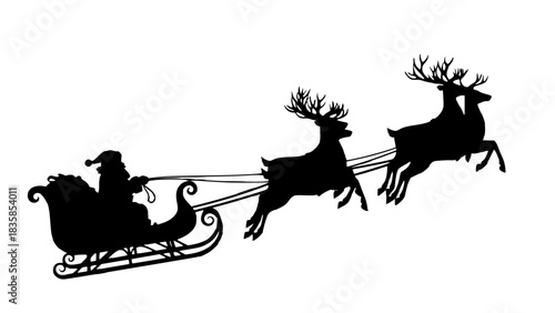 Silhouette of Santa Claus with reindeer and sleigh flying through the night sky