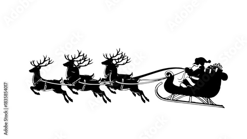 Santa Claus riding his sleigh pulled by reindeer flying through the night sky