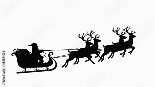 Silhouette of Santa Claus and reindeer pulling sleigh across a white background