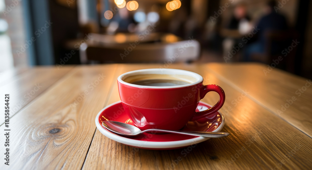 Obraz premium Red Coffee Cup on Wooden Table with Bokeh Background